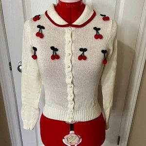 Vintage Repro Collectif long sleeve cream 3D cherry cardigan size XS